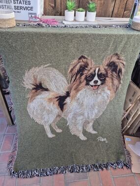 💥 Rare Vtg Linda Picken Papillion Dog Woven Tapestry Throw Blanket 48x60